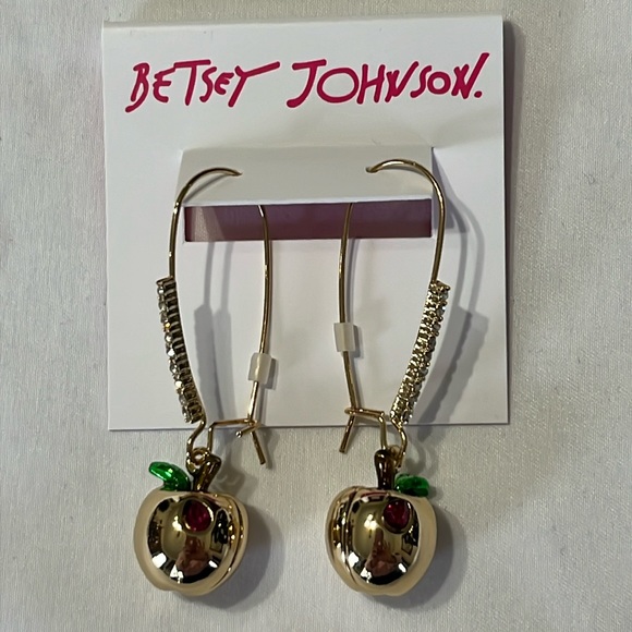 Betsey Johnson Apple Pave Shepherd Hook Earrings Goldtone crystal NWT - Picture 2 of 5